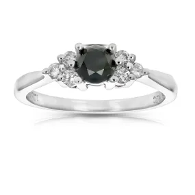 0.70 cttw Black and White Diamond 3 Stone Ring 10K White Gold Bridal