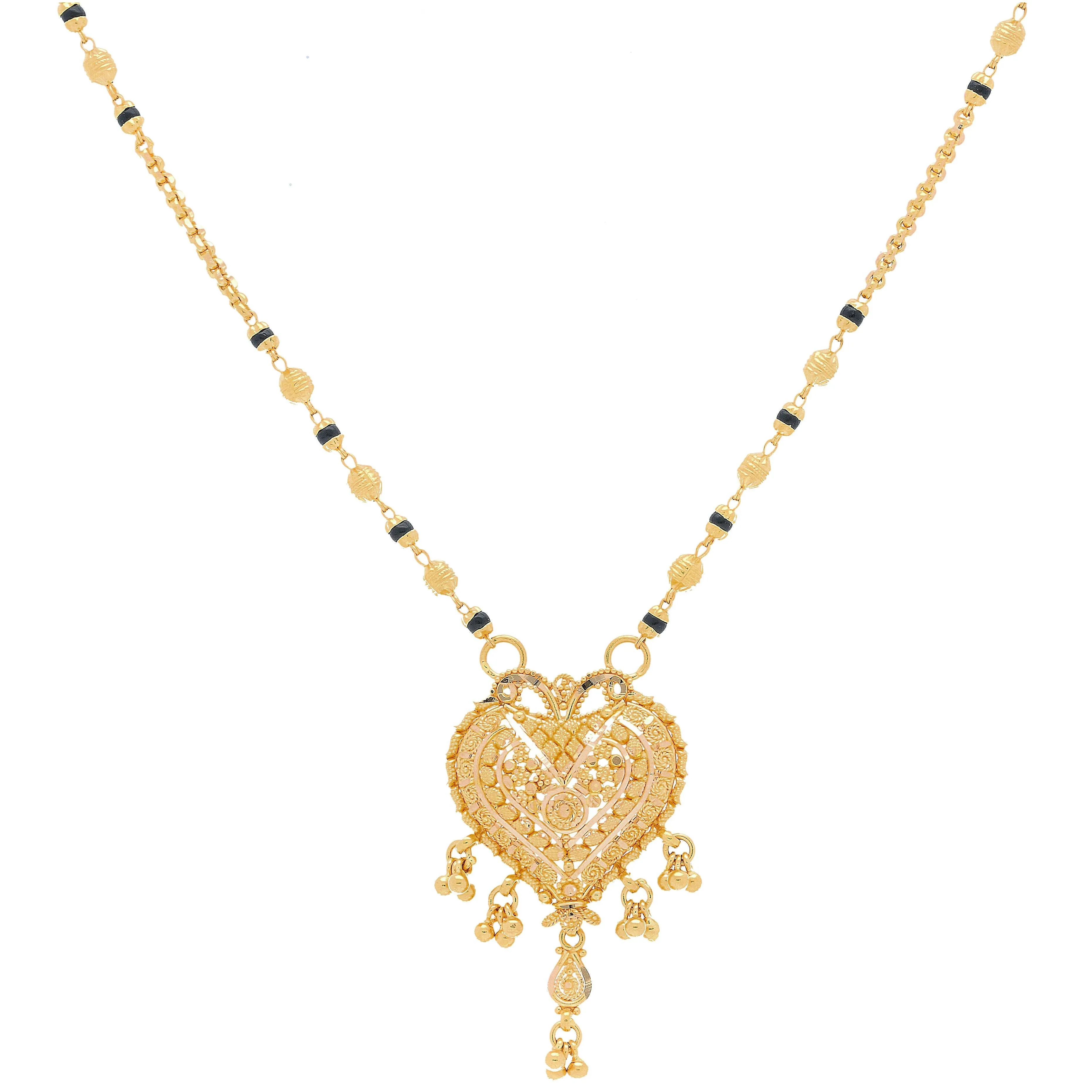 22K Yellow Gold Mangalsutra Chain W/ Gold-Capped Black Beads & Heart Pendant