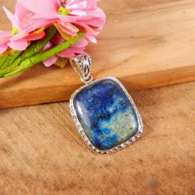 925 Sterling Silver Pendant, Natural Azurite Pendant Jewelry, Rectangle Cushion Bezel Set Handmade Pendant