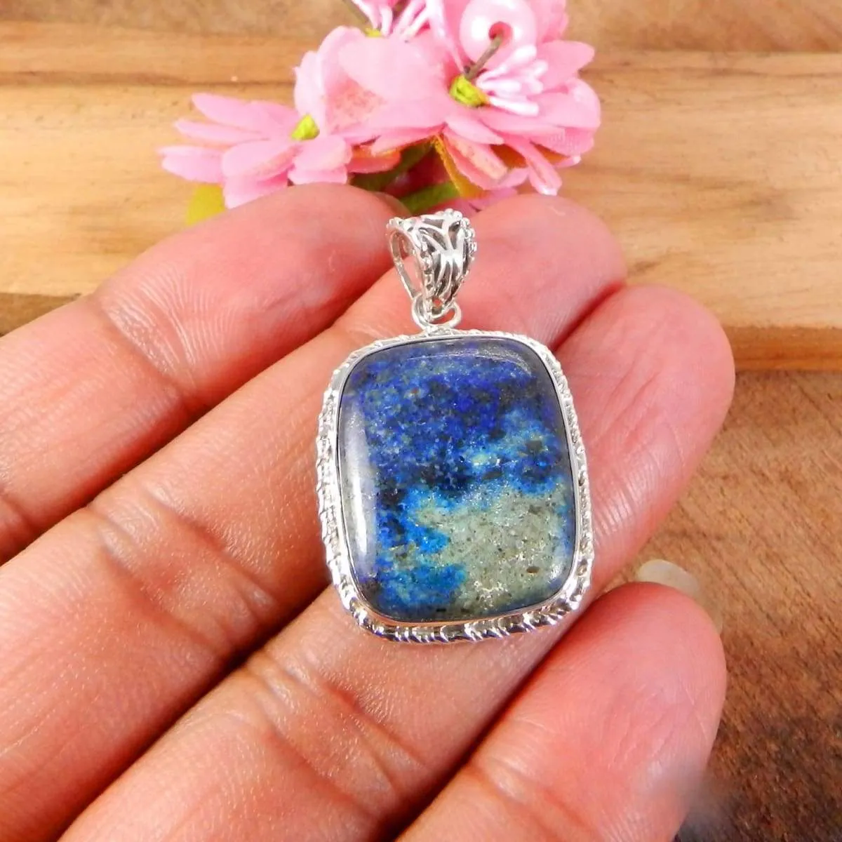 925 Sterling Silver Pendant, Natural Azurite Pendant Jewelry, Rectangle Cushion Bezel Set Handmade Pendant