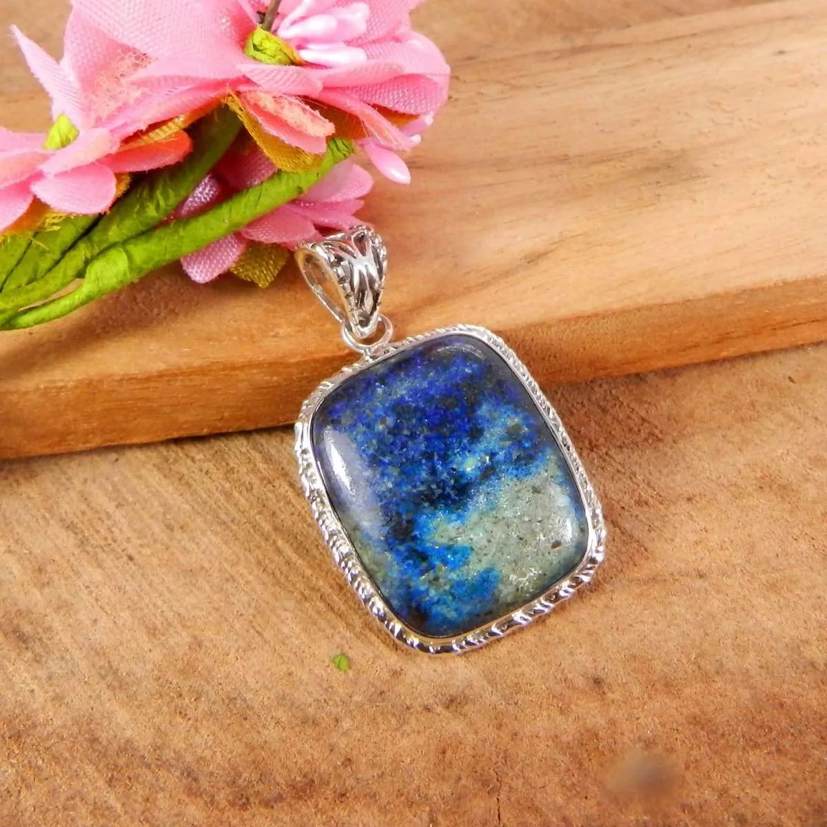 925 Sterling Silver Pendant, Natural Azurite Pendant Jewelry, Rectangle Cushion Bezel Set Handmade Pendant