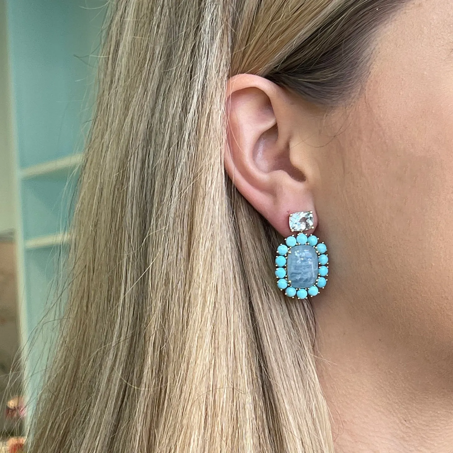 A & Furst - Sole - Drop Earrings with Aquamarine, Turquoise and Sky Blue Topaz, 18k Yellow Gold