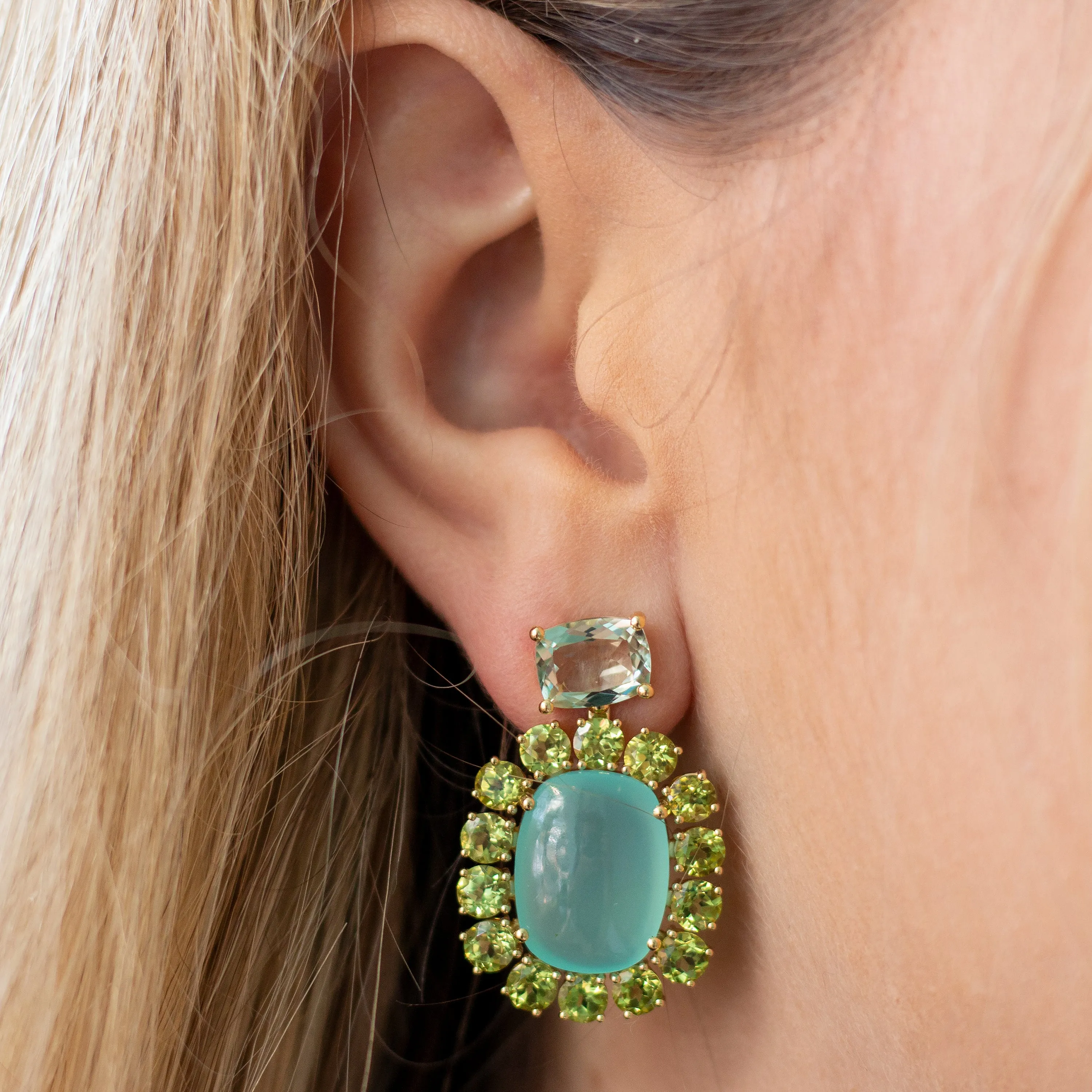 A & Furst - Sole - Drop Earrings with Green Aqua Chalcedony, Peridot and Prasiolite, 18k Yellow Gold