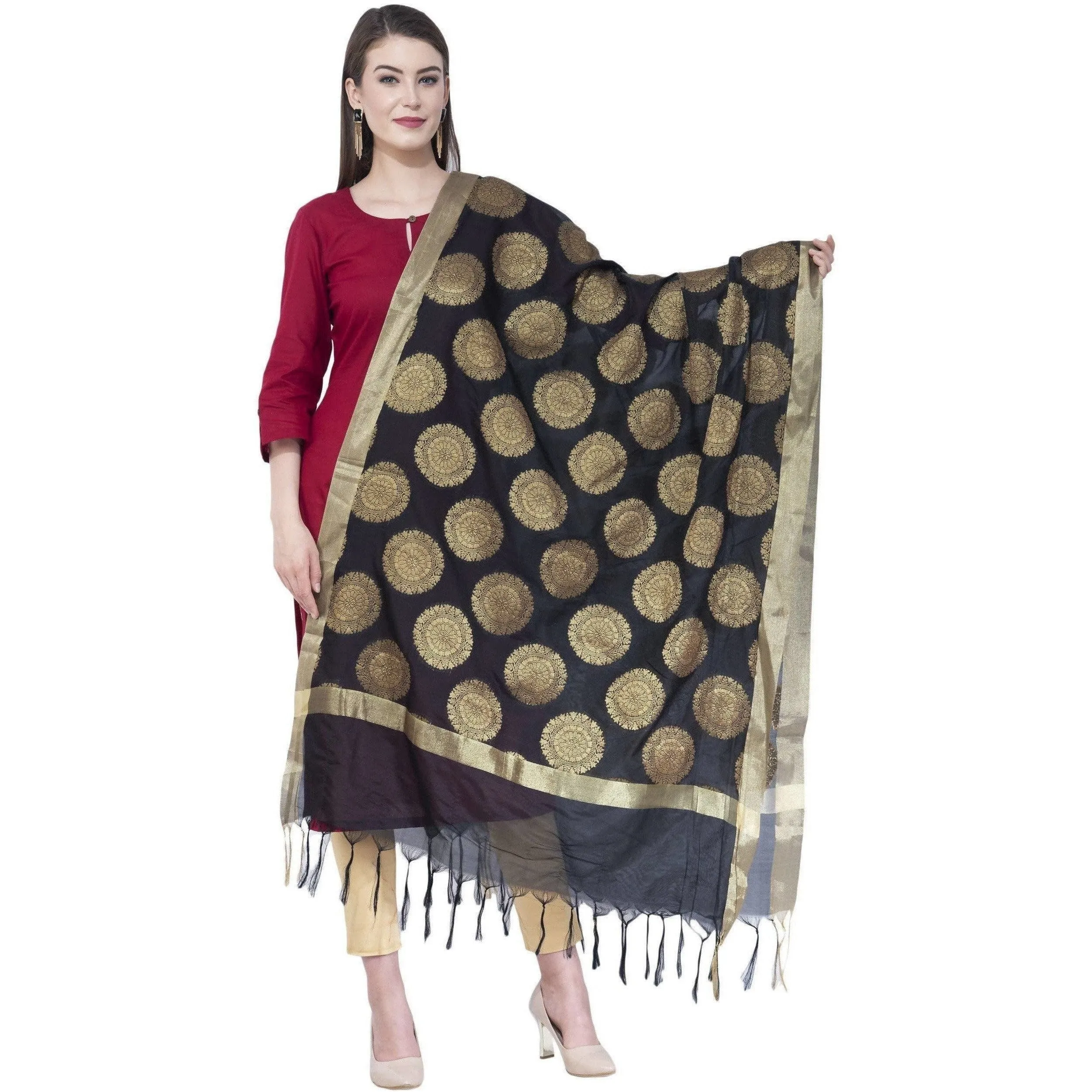 A R Silk Women's Zari Embroidery Vanarsi Silk Black Dupattas and Chunnis