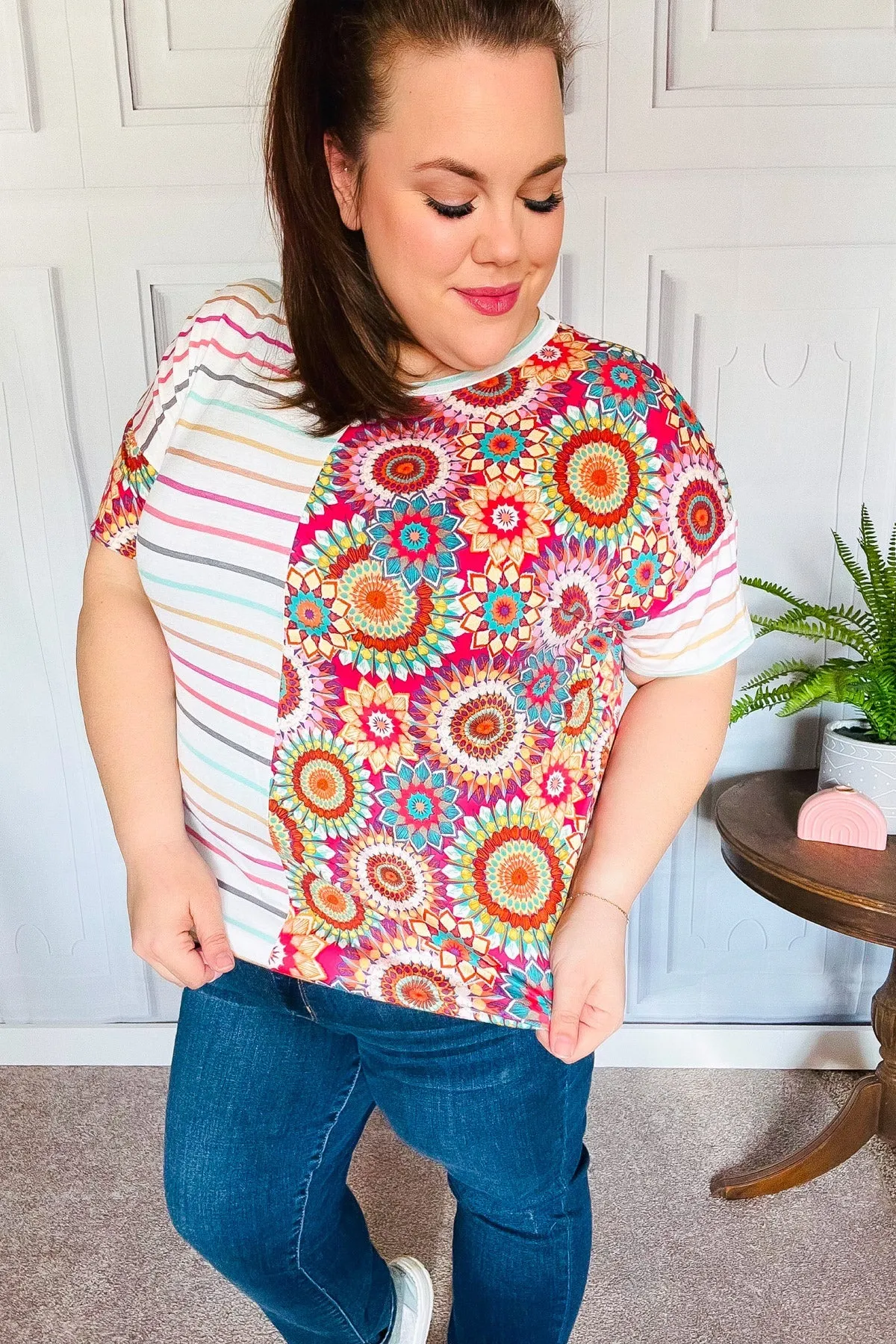 Always Fun Ivory & Fuchsia Stripe and Crochet Print Top