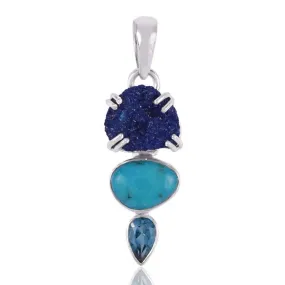 Awesome Arizona Turquoise , Azurite Durzy and Swiss Blue Topaz Gemstone Handmade Sterling Silver Pendant.