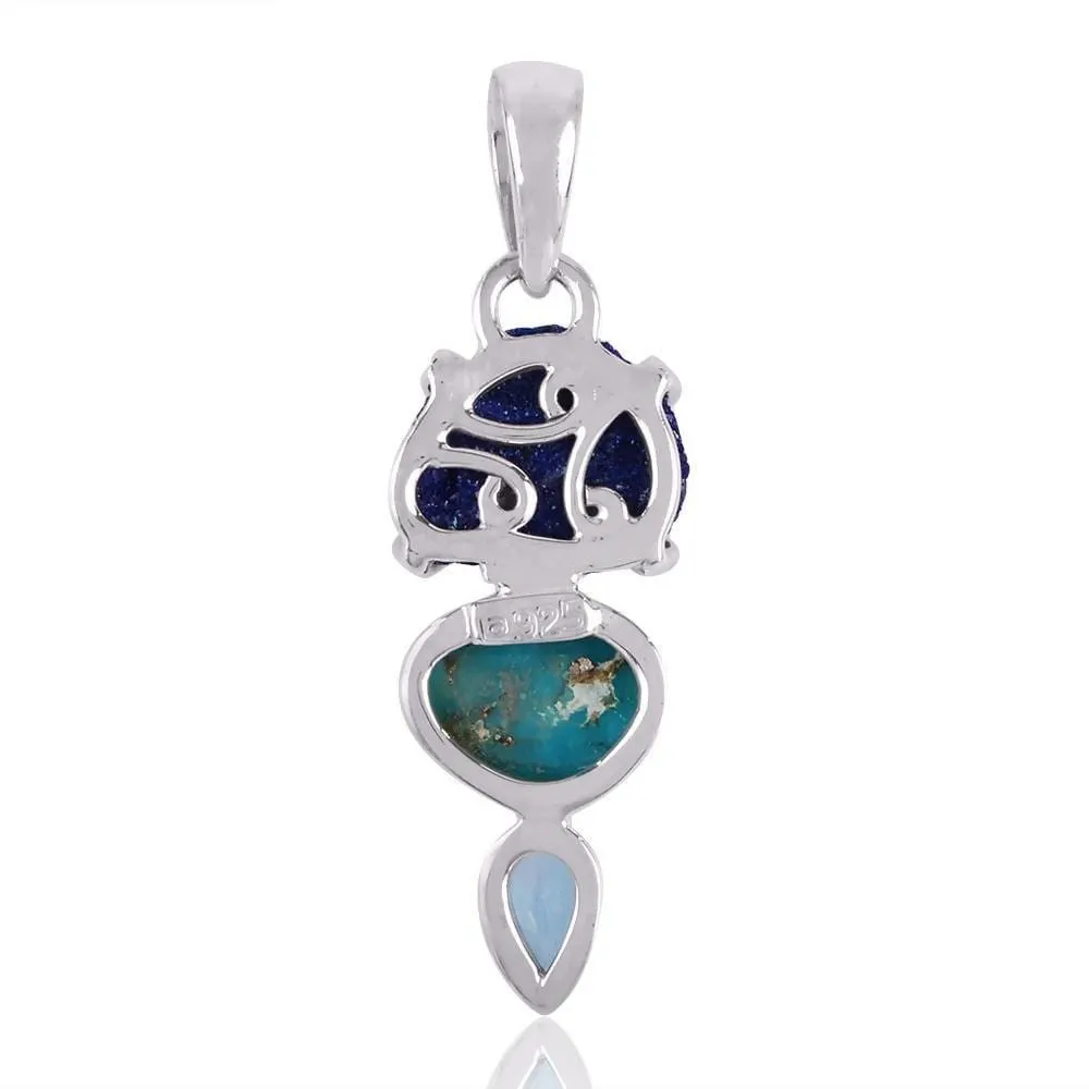 Awesome Arizona Turquoise , Azurite Durzy and Swiss Blue Topaz Gemstone Handmade Sterling Silver Pendant.