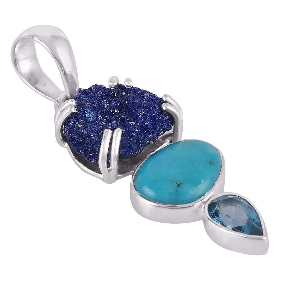 Awesome Arizona Turquoise , Azurite Durzy and Swiss Blue Topaz Gemstone Handmade Sterling Silver Pendant.