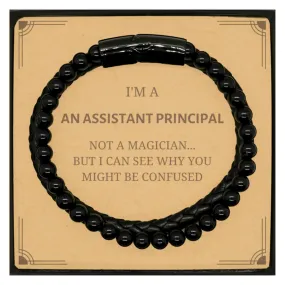 Badass Assistant Principal Gifts, I'm Assistant Principal not a magician, Sarcastic Stone Leather Bracelets for Assistant Principal Birthday Christmas for  Men, Women, Friends, Coworkers