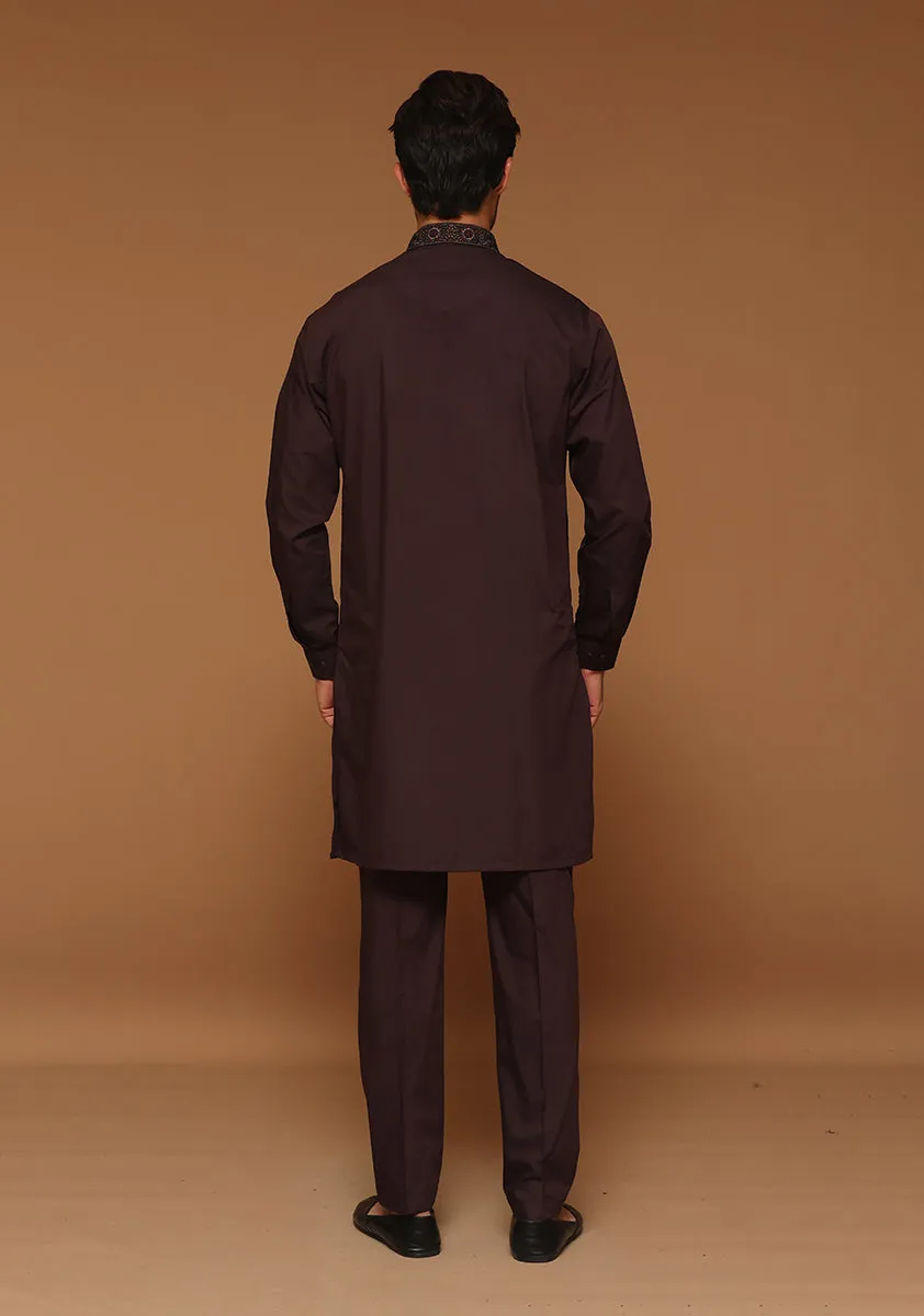 Basic Poly Viscose Maluki Seal Brown Slim Fit Embroidered Suit