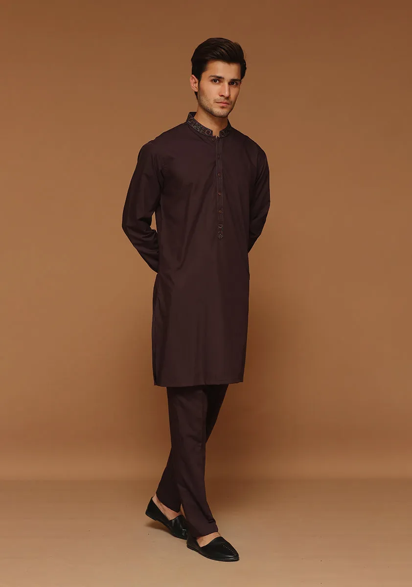 Basic Poly Viscose Maluki Seal Brown Slim Fit Embroidered Suit