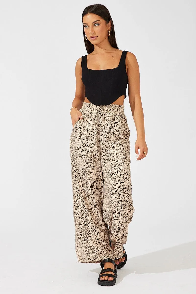 Beige Animal Print Wide Leg Pants High Rise