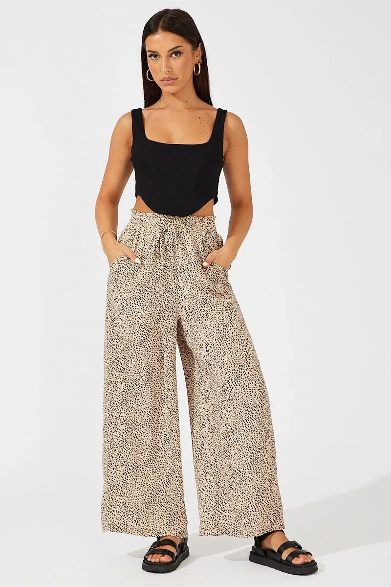 Beige Animal Print Wide Leg Pants High Rise