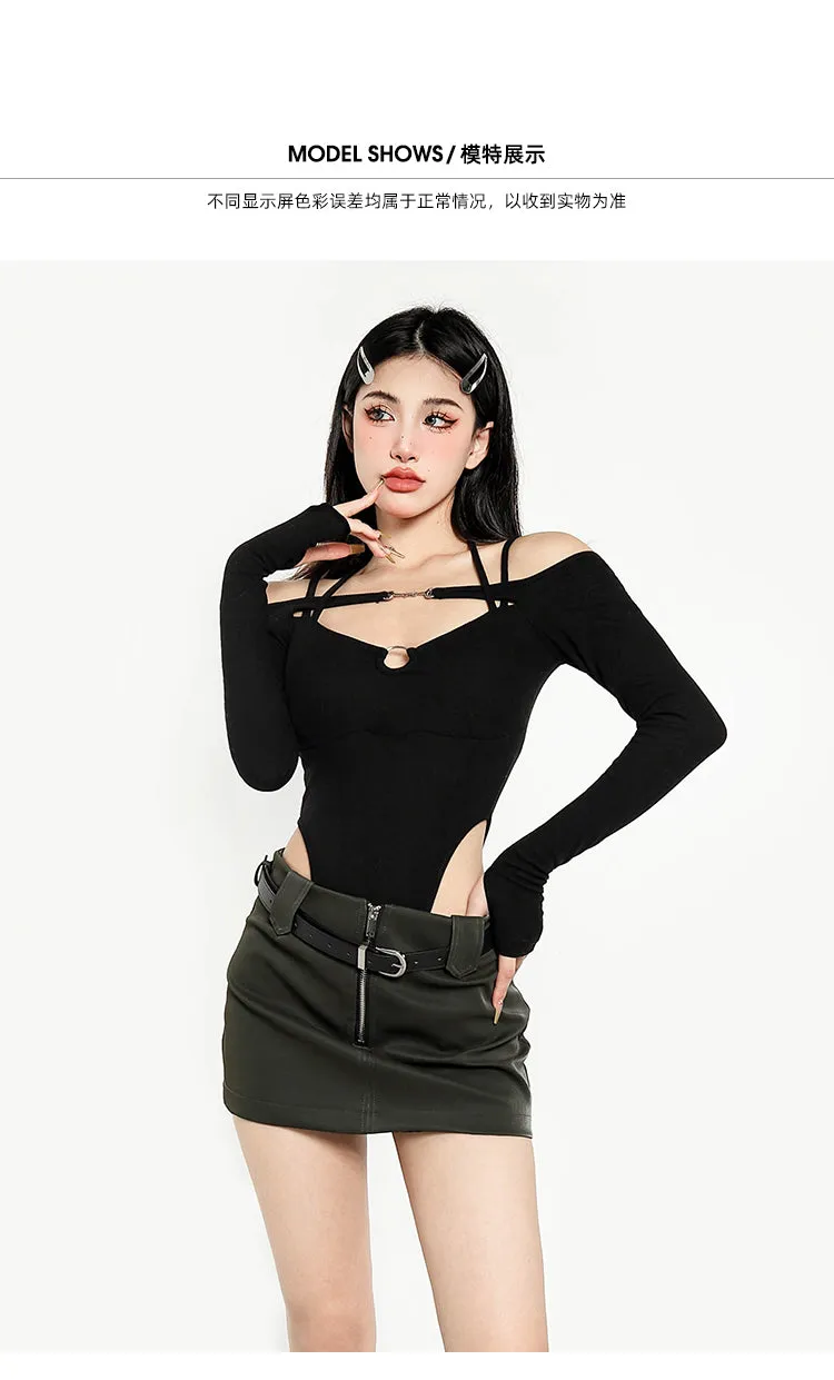 Belinda Solid Color Spaghetti Strap Off The Shoulder Long Sleeve Bodysuit Top