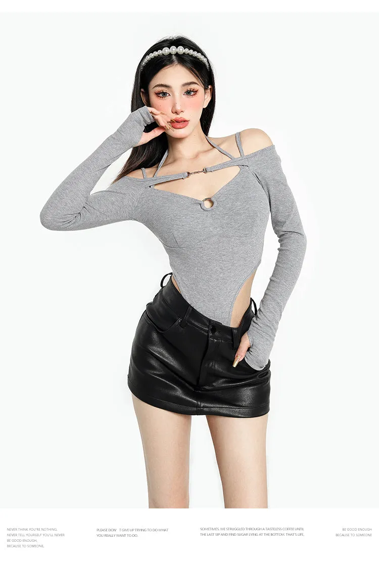 Belinda Solid Color Spaghetti Strap Off The Shoulder Long Sleeve Bodysuit Top