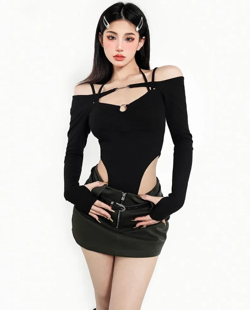 Belinda Solid Color Spaghetti Strap Off The Shoulder Long Sleeve Bodysuit Top