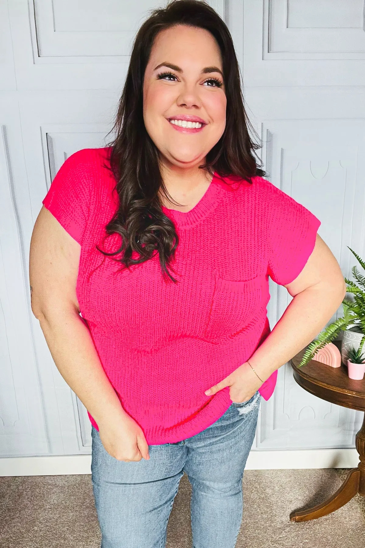 Best In Bold Hot Pink Dolman Ribbed Knit Sweater Top