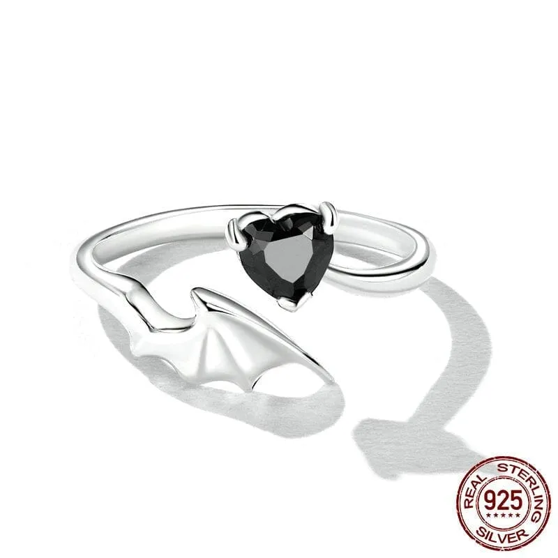 Black Bat Heart CZ Obsidian Open Ring - 925 Sterling Silver