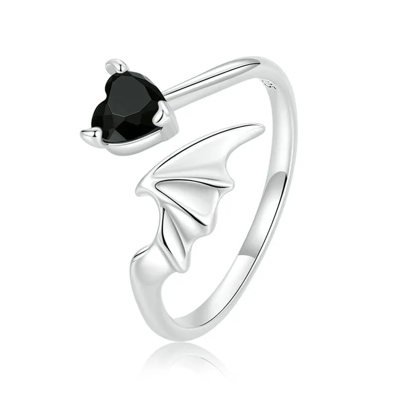 Black Bat Heart CZ Obsidian Open Ring - 925 Sterling Silver