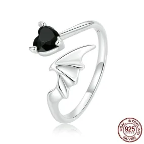 Black Bat Heart CZ Obsidian Open Ring - 925 Sterling Silver