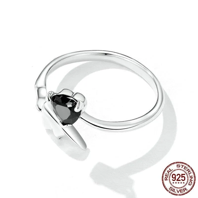 Black Bat Heart CZ Obsidian Open Ring - 925 Sterling Silver