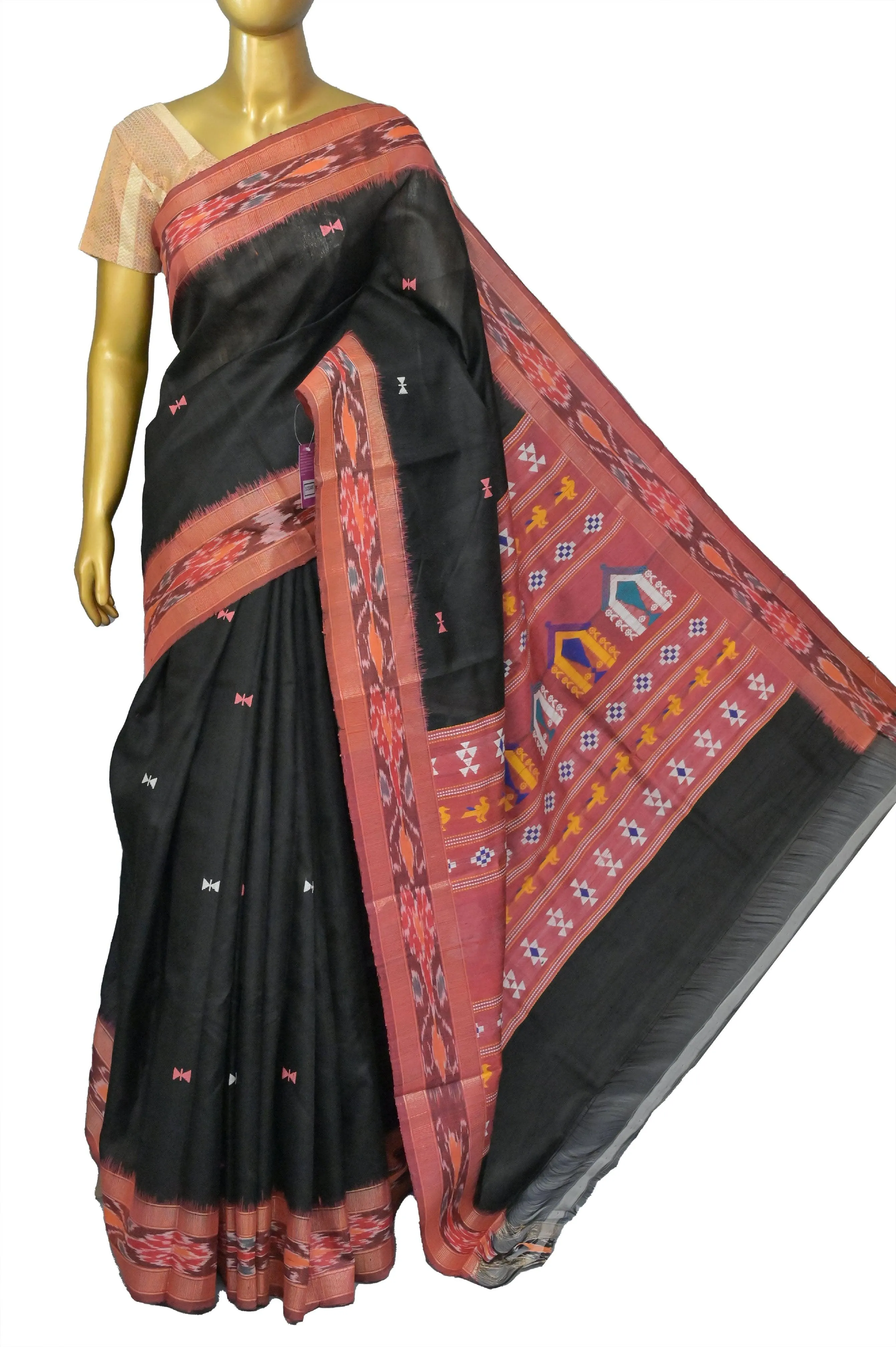 Black Color Pure Raw Silk Saree with Dolabedi Pallu and Sambalpuri Border