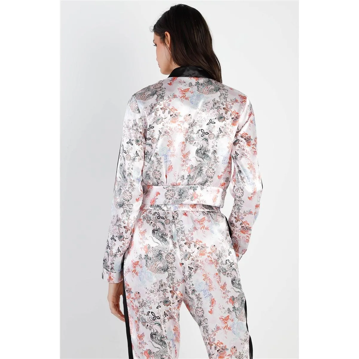 Black Contrast Satin Effect Multi Color Print Zip-up Jacket & Pants Set