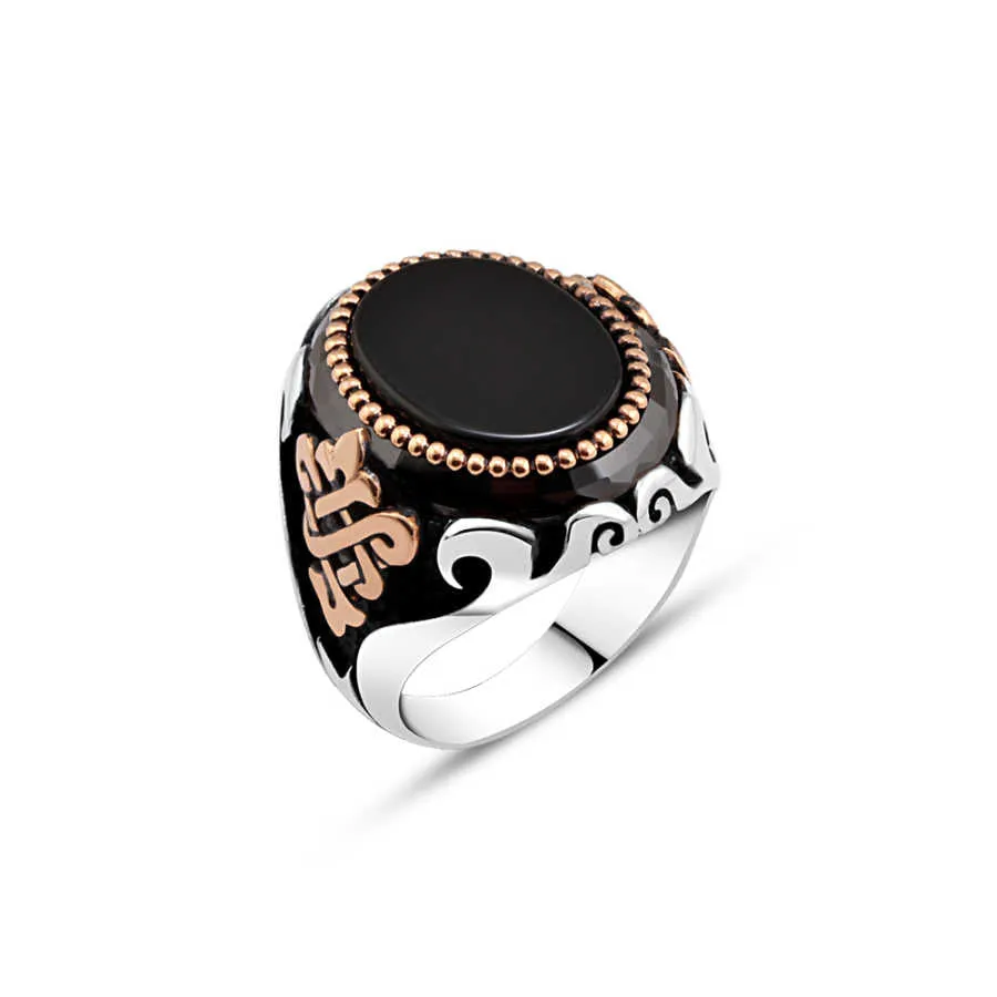 Black Ellipse Onyx Stone Silver Men's Ring with Triangular Braid on Sides