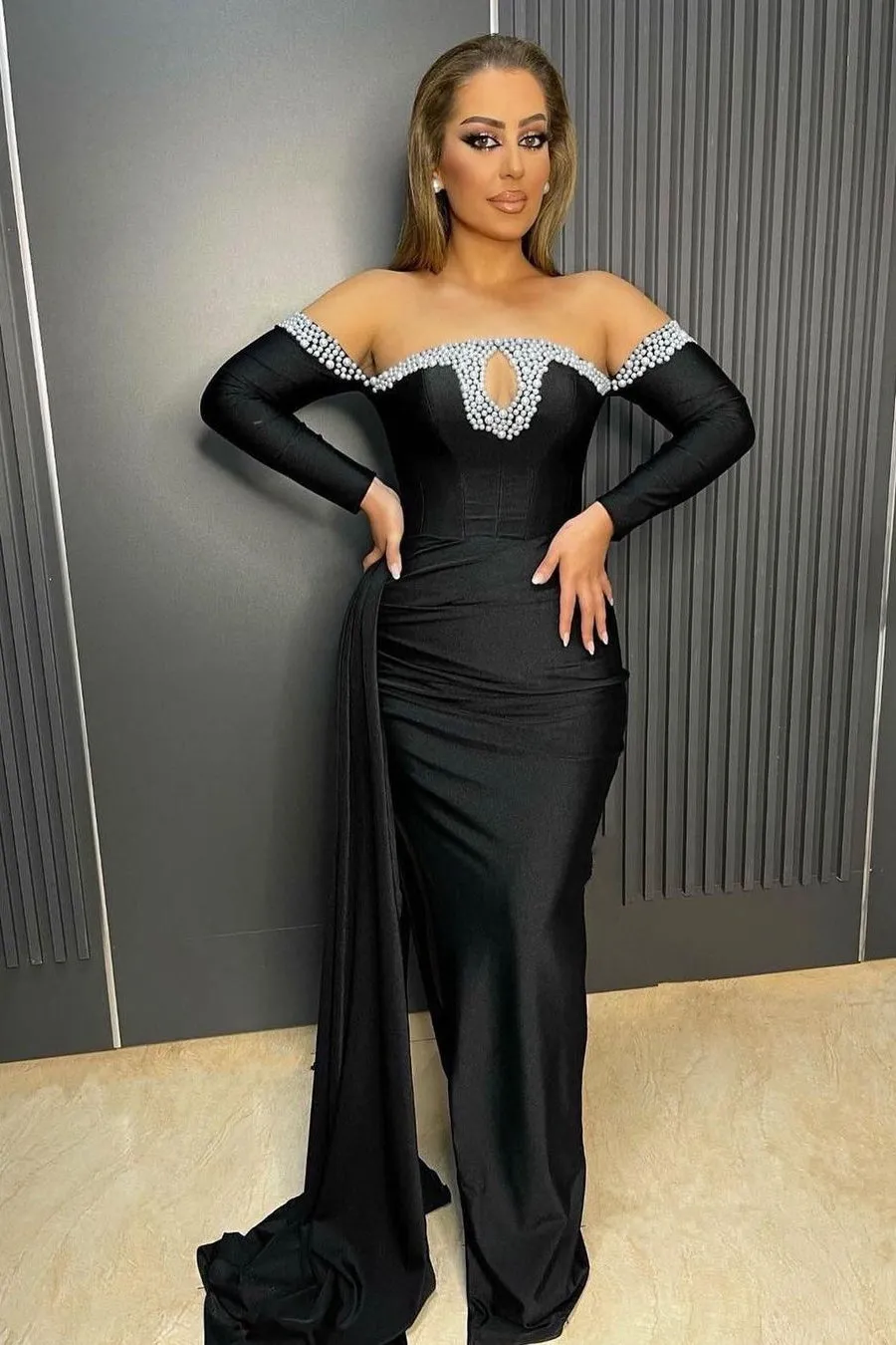 Black Long Sleeves Mermaid Off the Shoulder Satin Beads Formal Prom Dresses with Slit