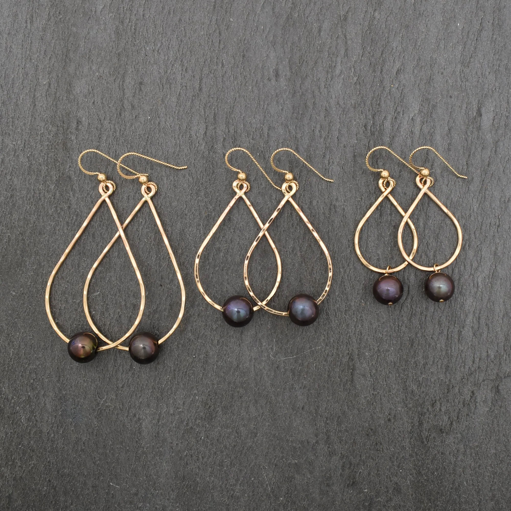 Black Pearl Teardrop Hoop Earrings -Small