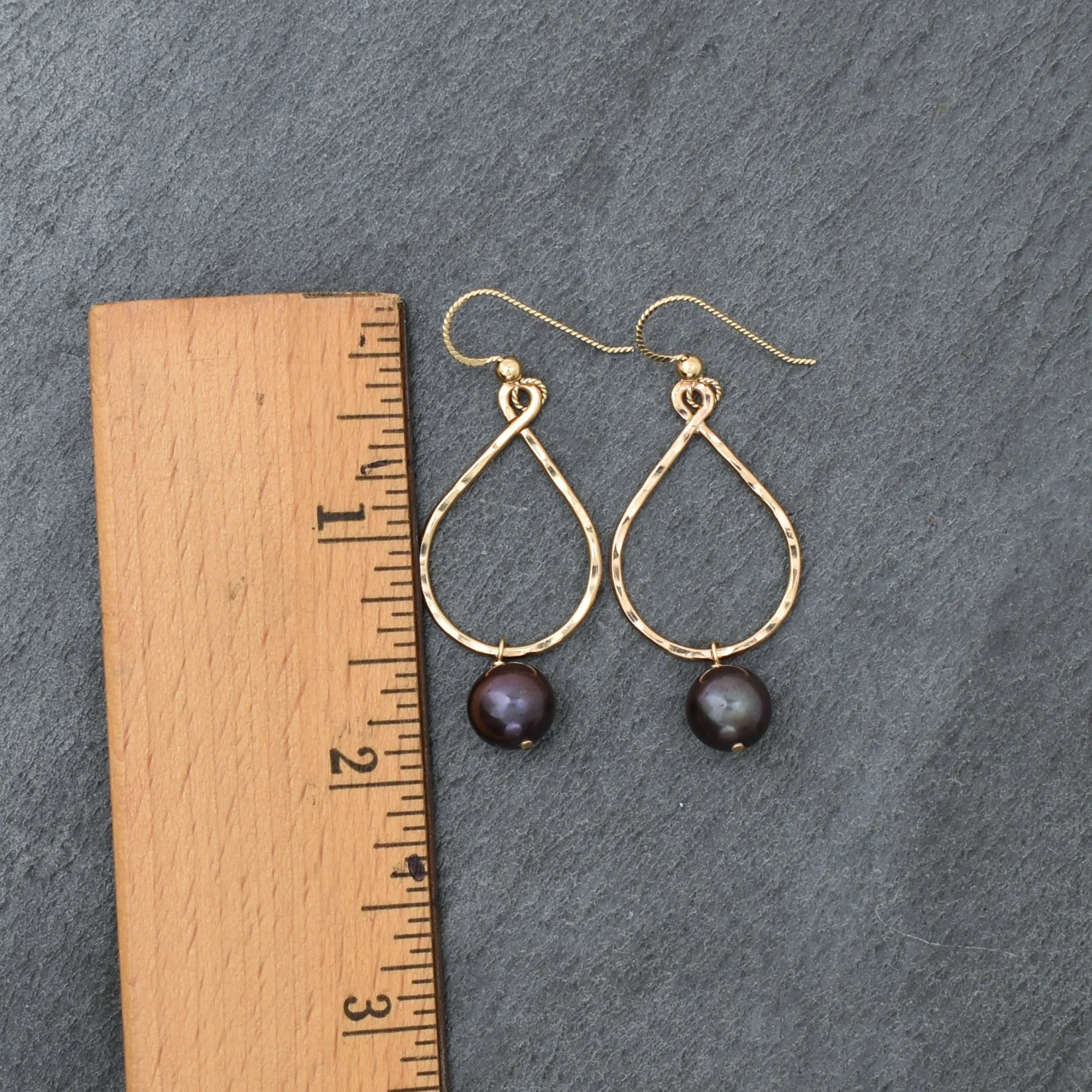 Black Pearl Teardrop Hoop Earrings -Small