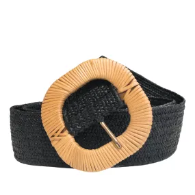 Black Straw Woven Square Buckle Elastic Belt