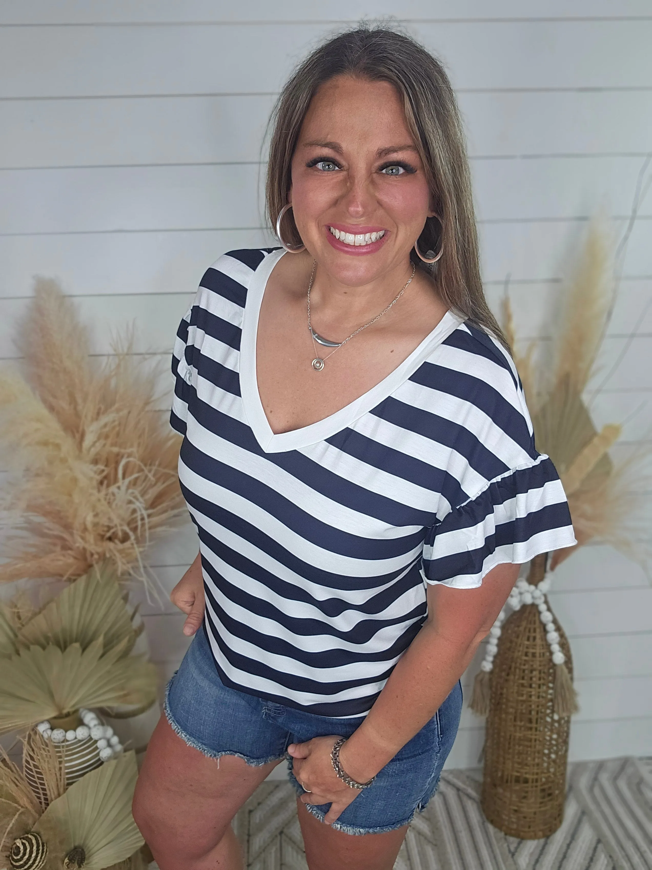 BLACK/WHITE STRIPED V NECK RUFFLE SLEEVE TOP