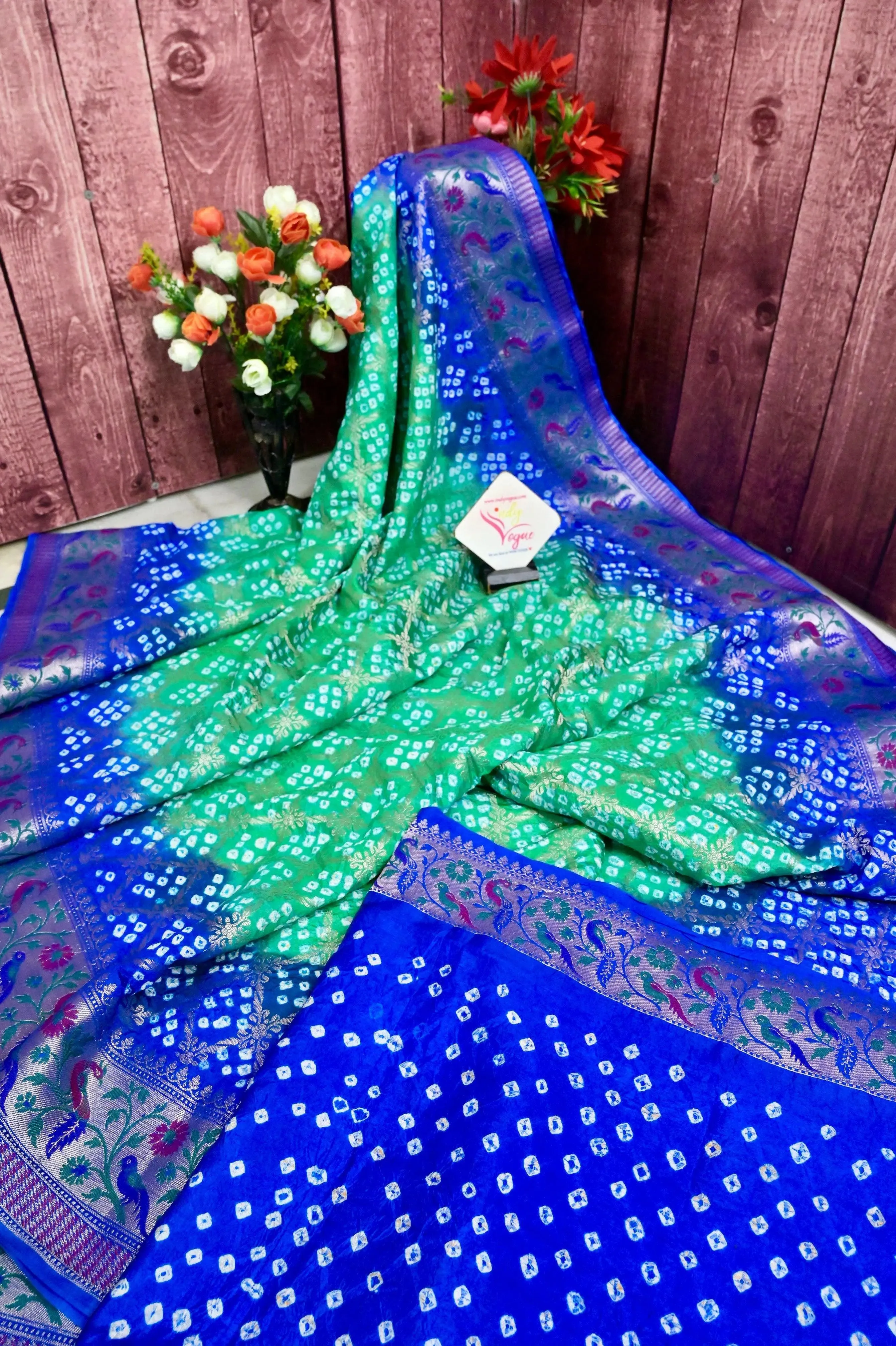 Blue and Sea Green Color Dupion Silk Saree with Hand Bandhani and Paithani Work