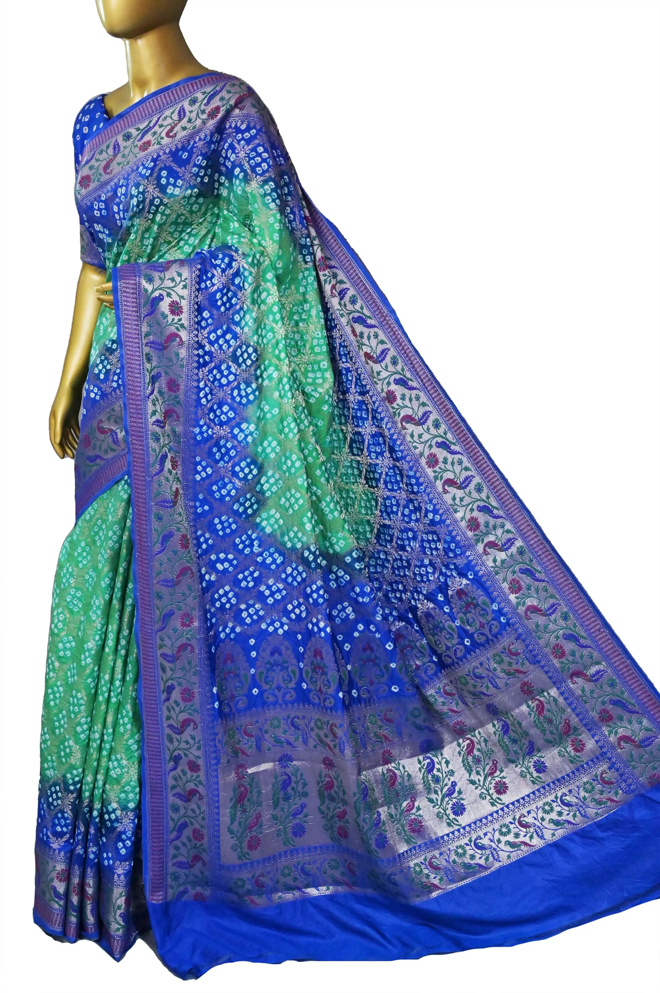 Blue and Sea Green Color Dupion Silk Saree with Hand Bandhani and Paithani Work