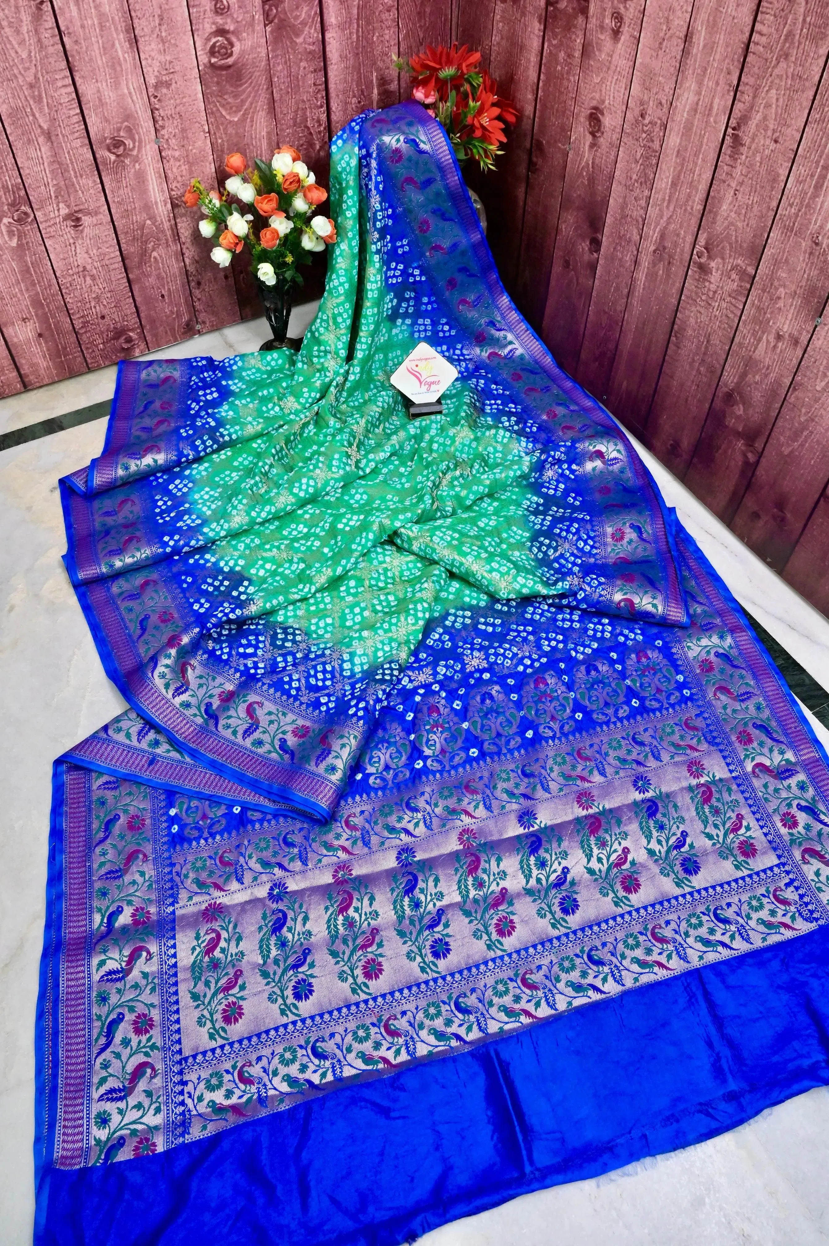 Blue and Sea Green Color Dupion Silk Saree with Hand Bandhani and Paithani Work