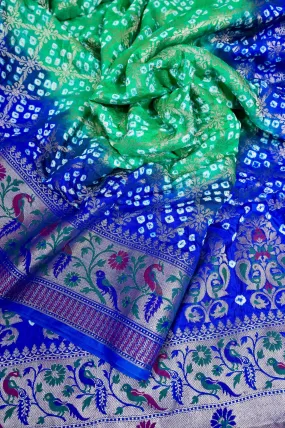 Blue and Sea Green Color Dupion Silk Saree with Hand Bandhani and Paithani Work