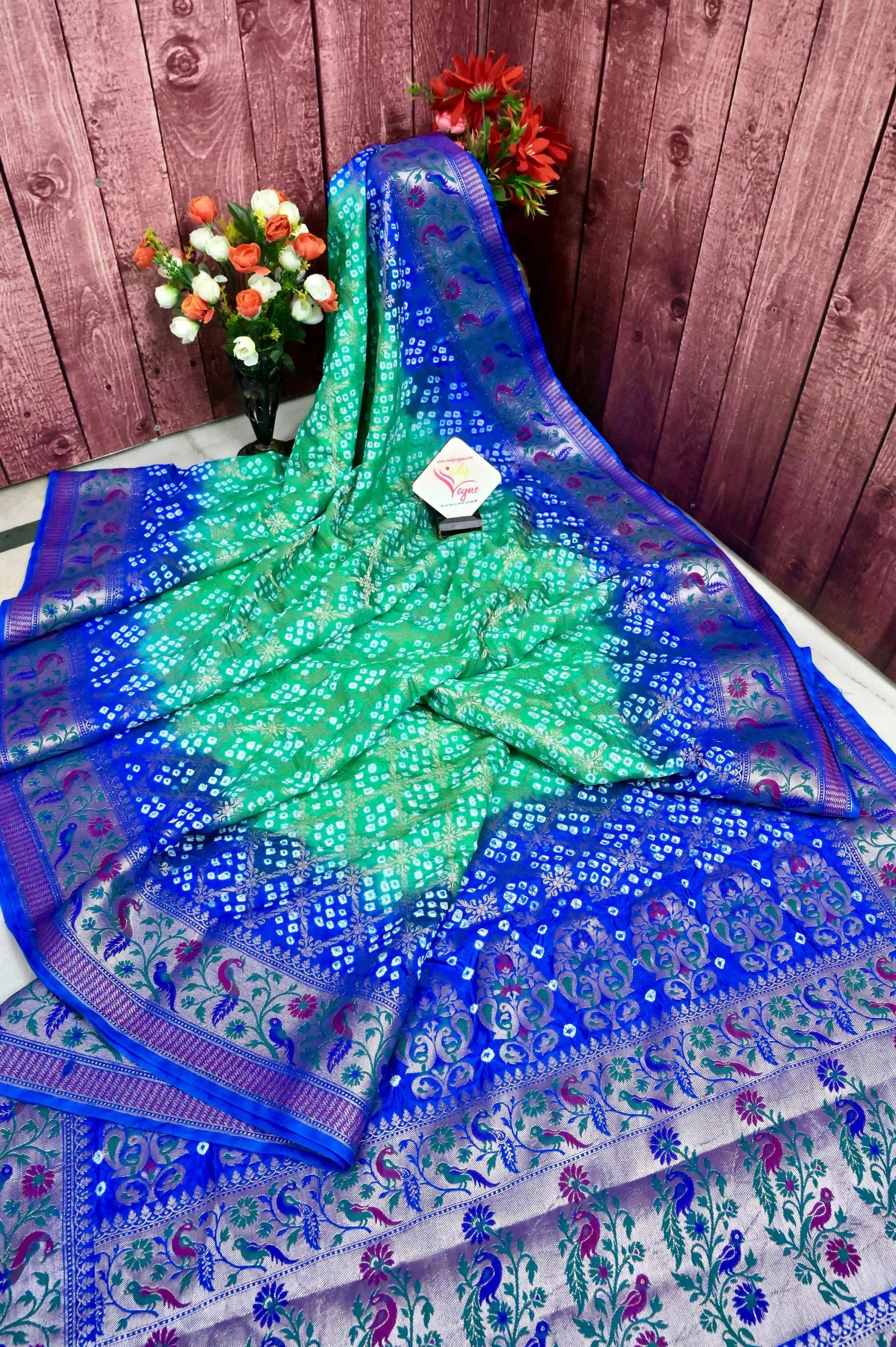 Blue and Sea Green Color Dupion Silk Saree with Hand Bandhani and Paithani Work