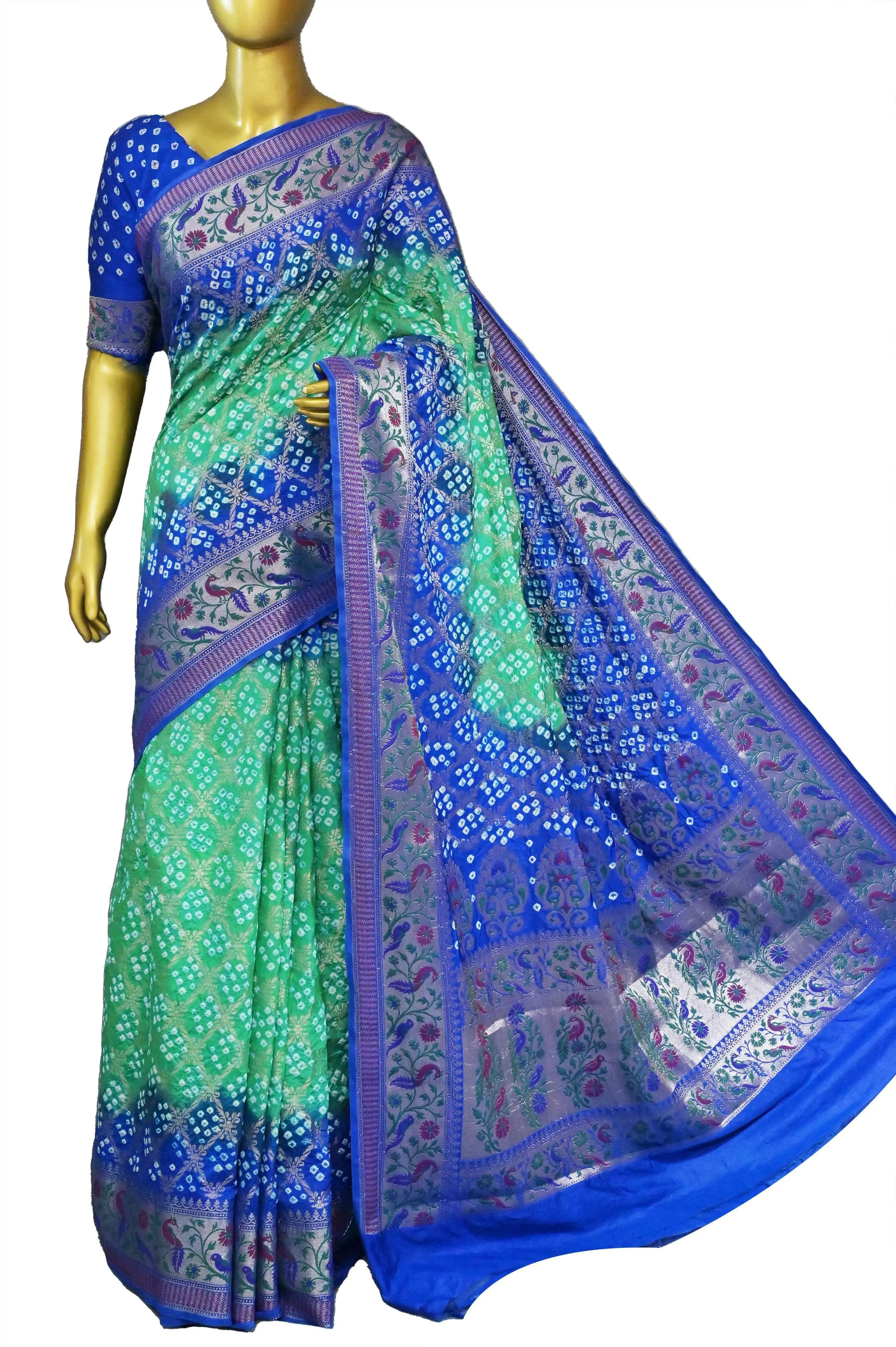 Blue and Sea Green Color Dupion Silk Saree with Hand Bandhani and Paithani Work