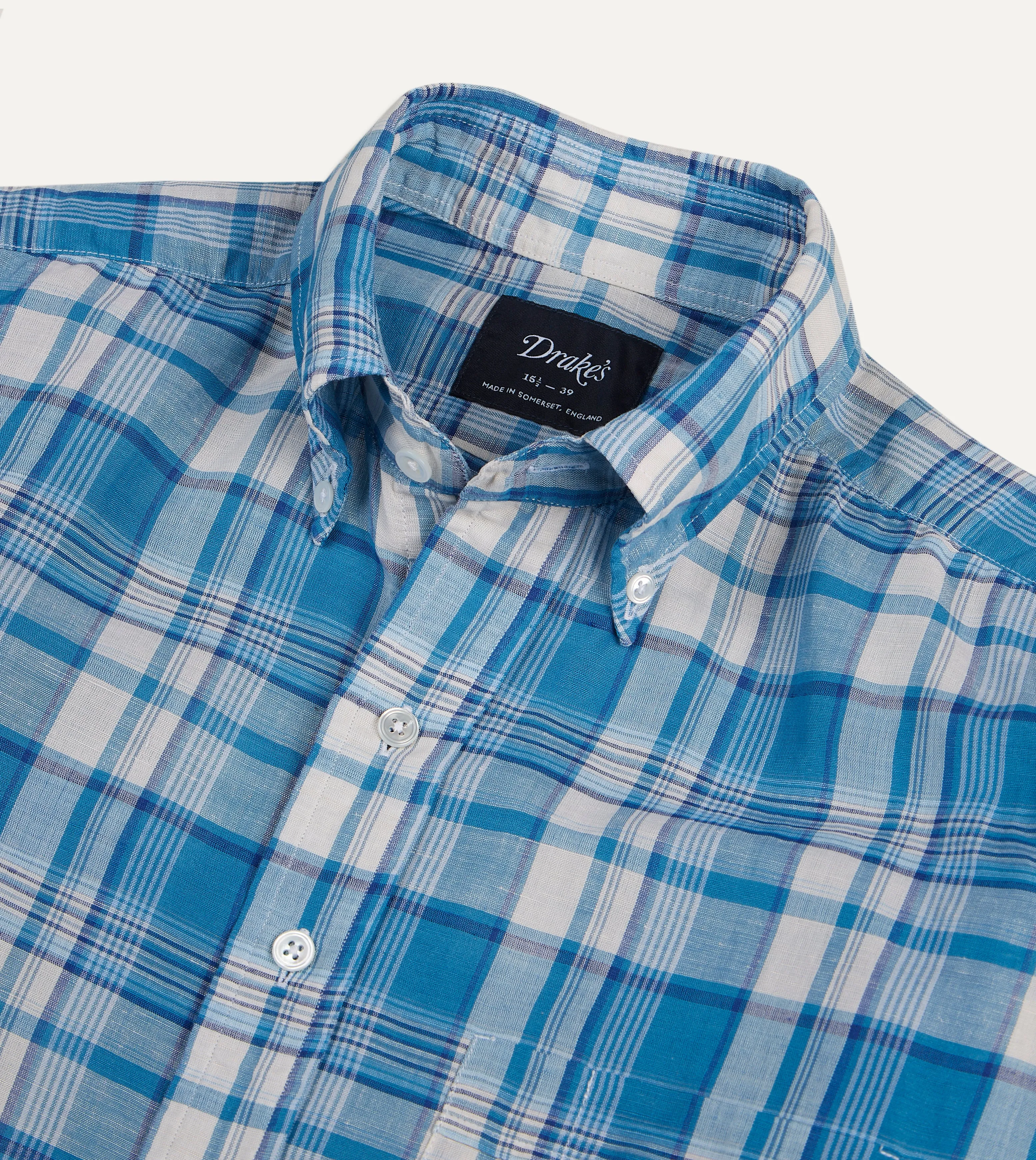 Blue Check Cotton Linen Button-Down Shirt