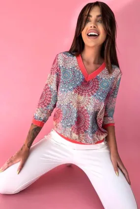 Blusa casual a fantasia multicolore mandala a maniche tre quarti con scollo a V e bordi elasticizzati