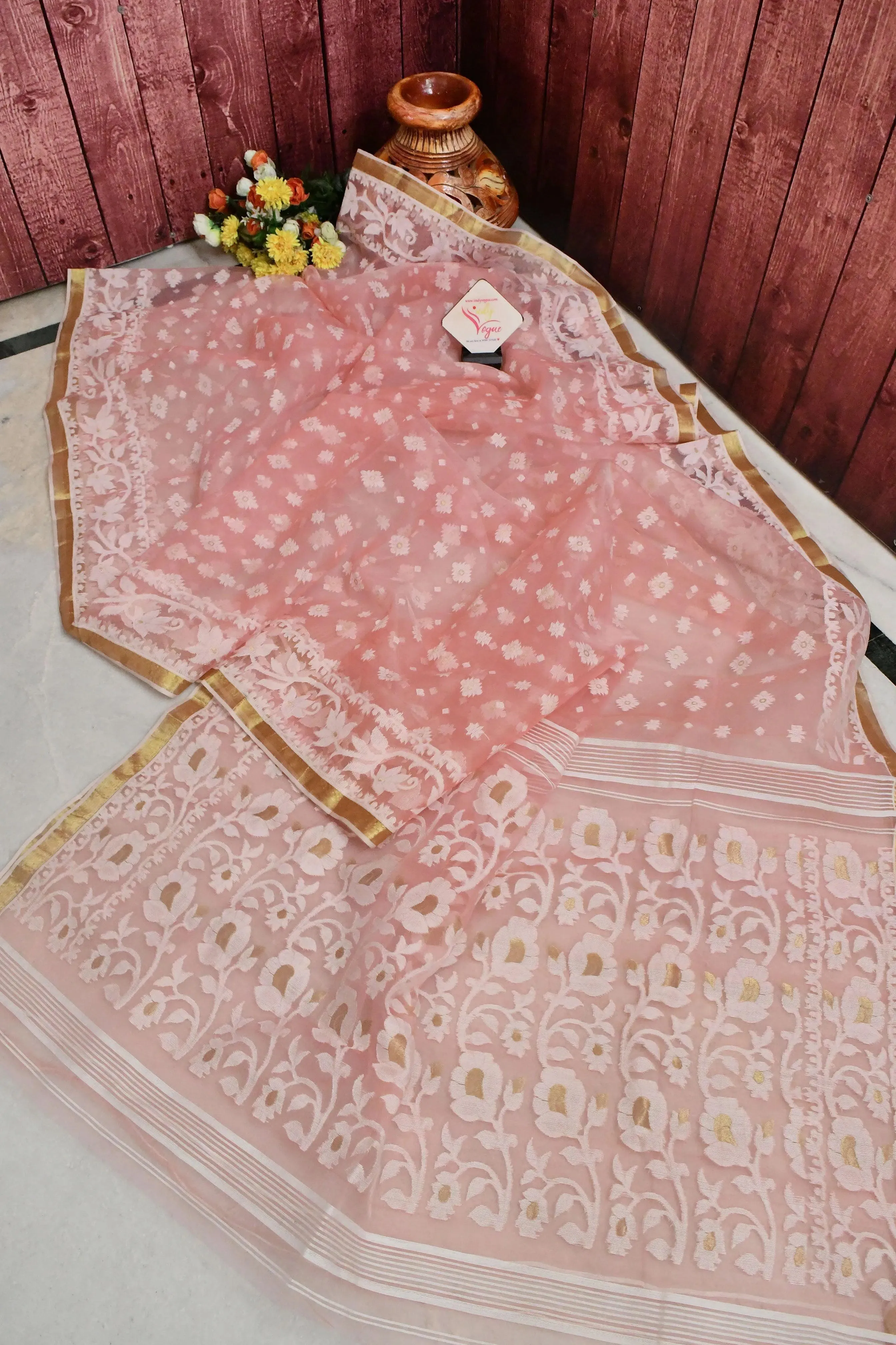 Blush Peach Color Muslin Jamdani Saree