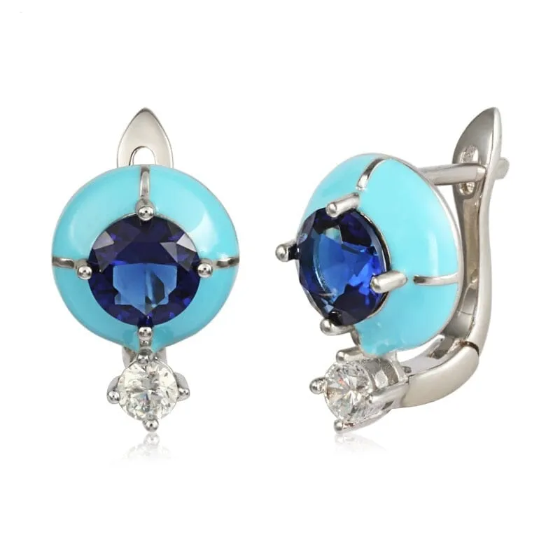 Bohemian Style Blue Enamel Sapphire Hoop Earrings - 925 Sterling Silver