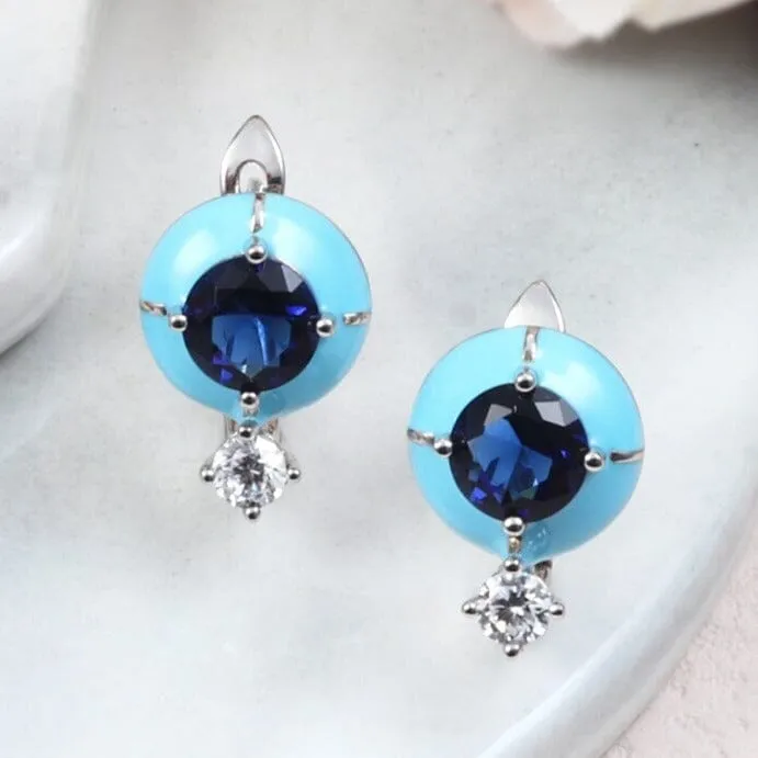 Bohemian Style Blue Enamel Sapphire Hoop Earrings - 925 Sterling Silver