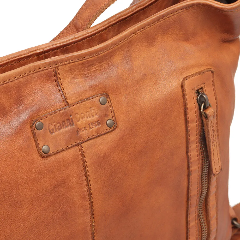 Borsa Donna con Portabilità a Zaino GIANNI CONTI in Pelle Intrecciata color Cognac