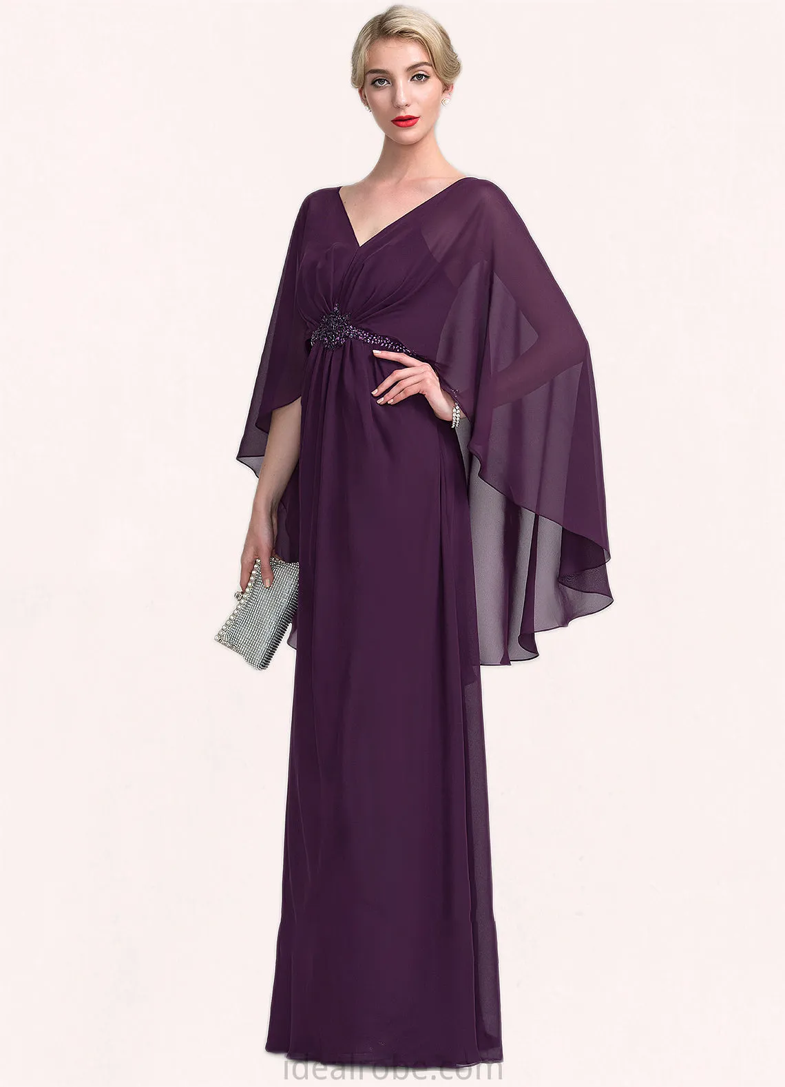 Brooke A-Line V-neck Floor-Length Chiffon Mother of the Bride Dress With Ruffle Beading STK126P0014869