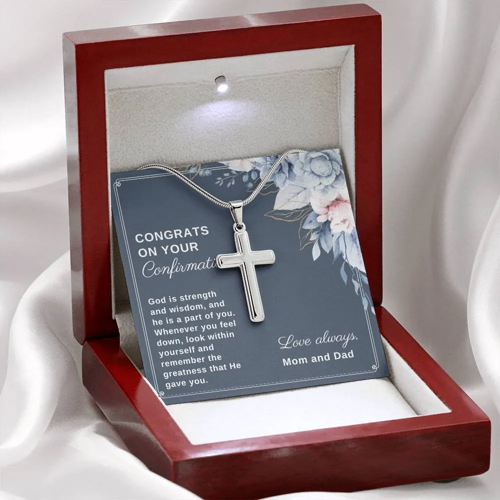 Confirmation Gift For Daughter From Mom and Dad, God is Strength and Wisdom Stainless Steel Cross Necklace