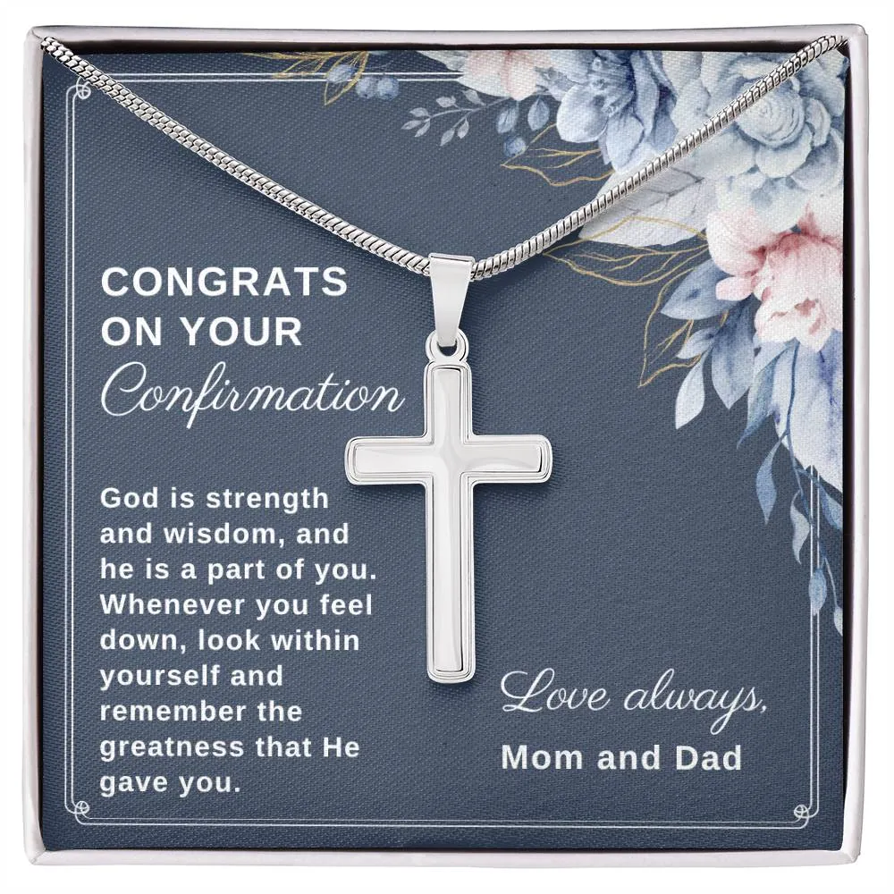 Confirmation Gift For Daughter From Mom and Dad, God is Strength and Wisdom Stainless Steel Cross Necklace