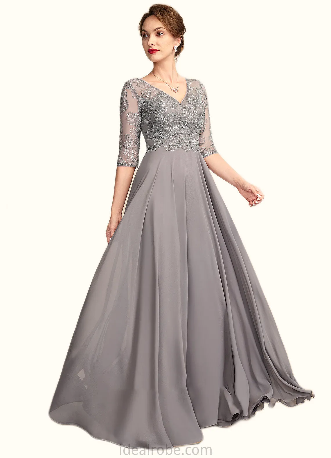 Courtney A-Line V-neck Floor-Length Chiffon Lace Mother of the Bride Dress With Sequins STK126P0014999