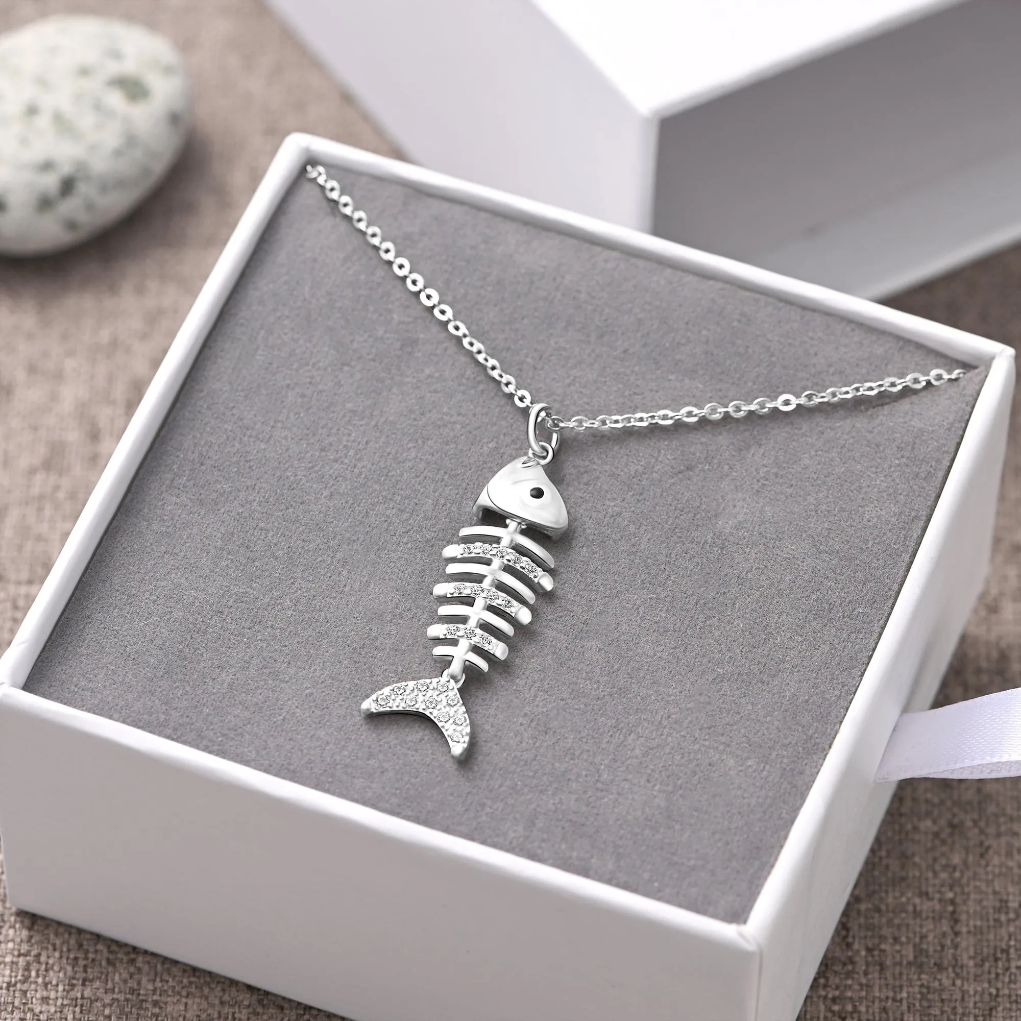 CZ Fishbone Sterling Silver Necklace Pendant